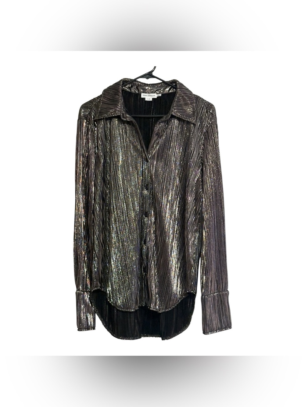 Good American Women’s S/M Black Solid Pleated Collared LS Button-Down Blouse